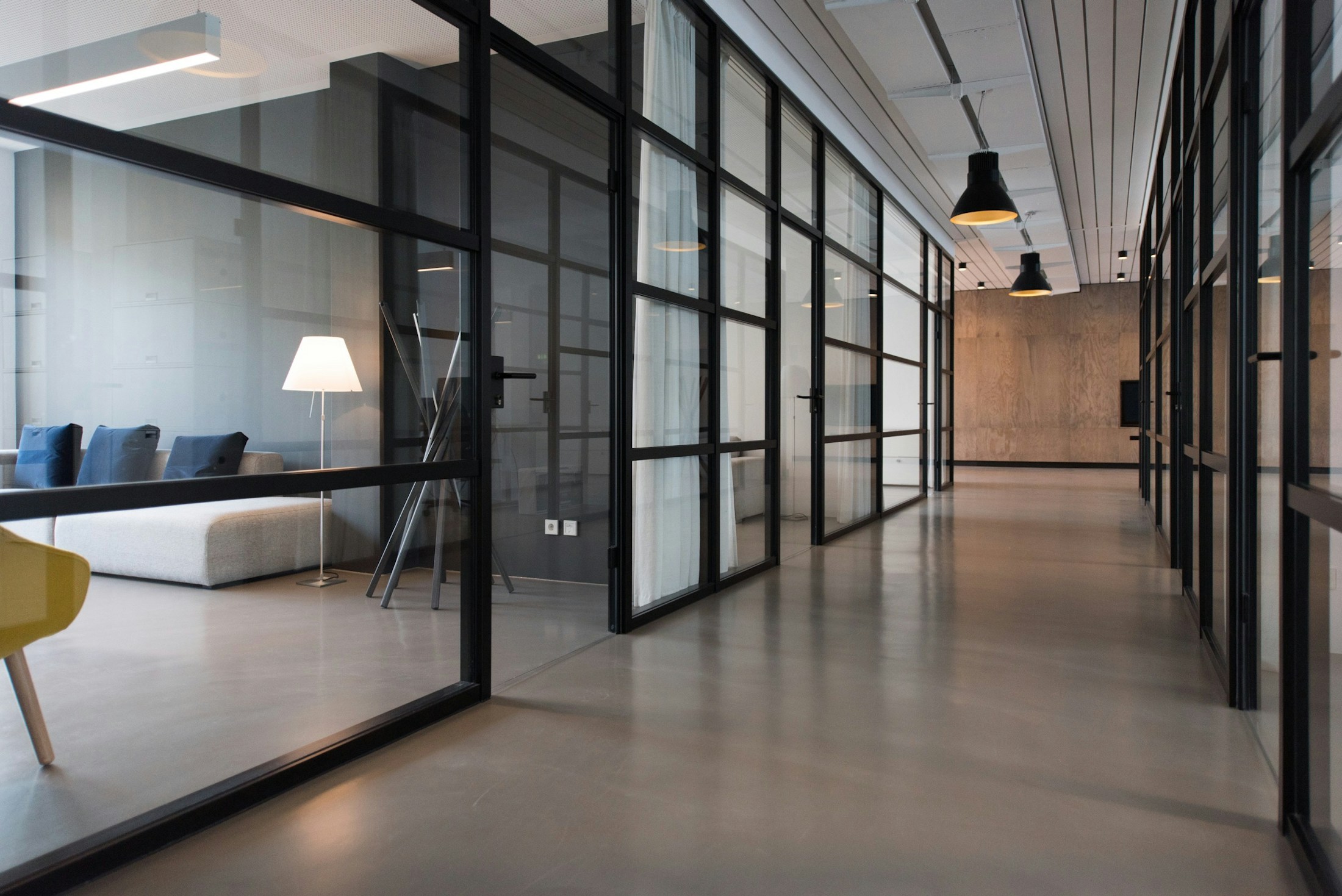 Contemporary commercial interior with glazed offices and custom joinery