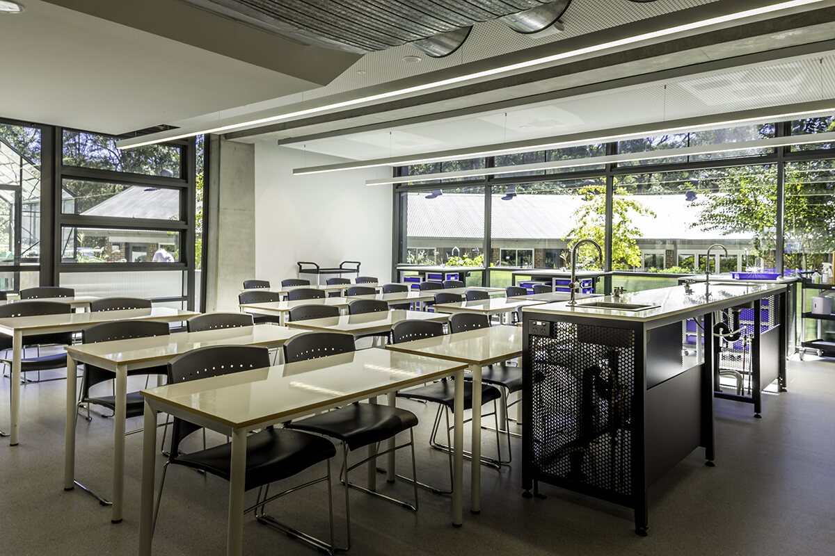Collaborative teaching hub with custom laboratory benches and storage
